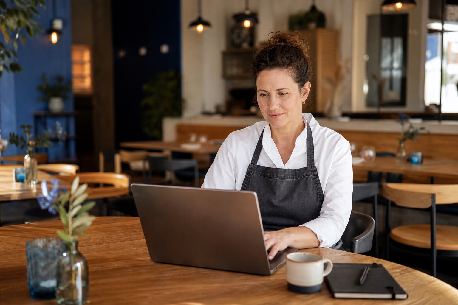 Restaurantinhaberin arbeitet in ihrem modernen Restaurant am Laptop
