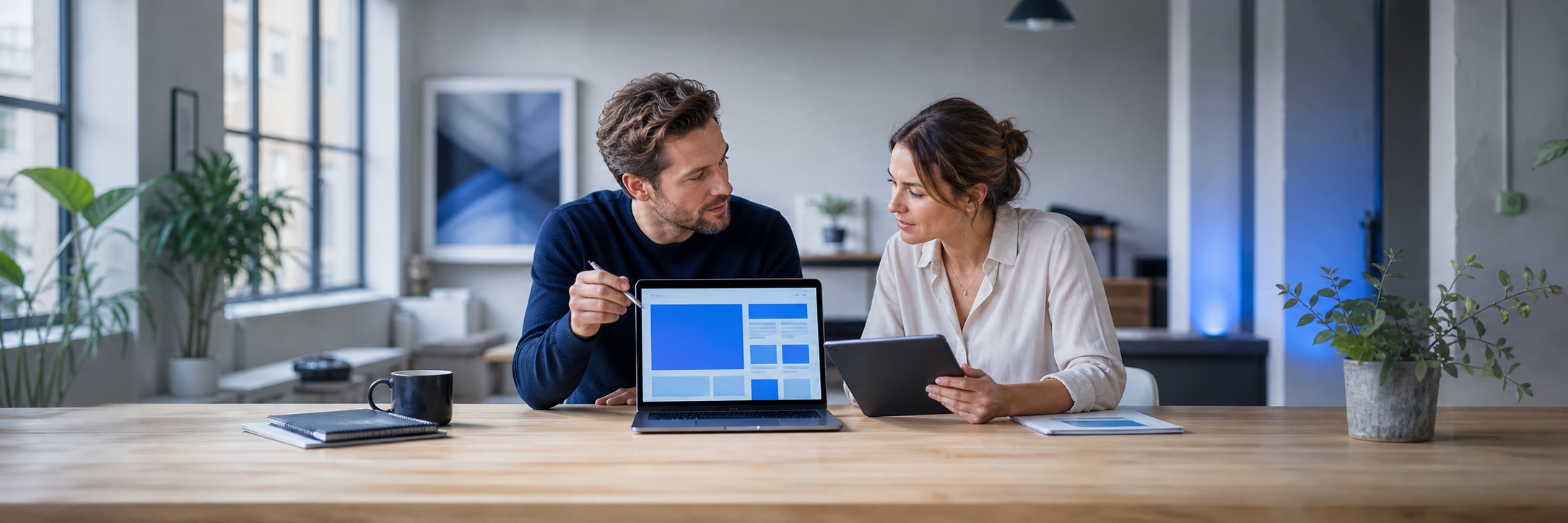 Webdesigner und Unternehmerin besprechen gemeinsam eine neue Webseite